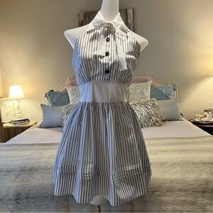 SEA NEW YORK White Gray Stripped 2 Dress Cotton Halter Bow Tie Collar Backless